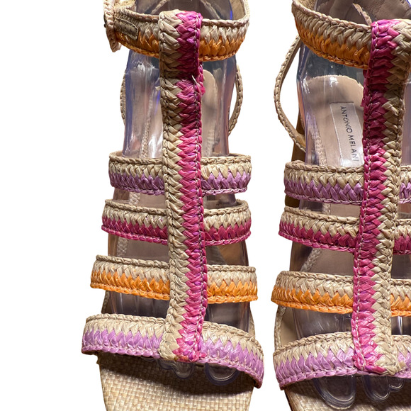 ANTONIO MELANI Gwindolin Women's 9 T-Strap Raffia Dress Sandals Pink Combo Shoes - Picture 10 of 16